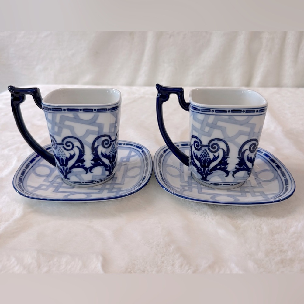 Chinoiserie BOMBAY Windsor Set of 2 Mugs & Saucers, Navy Blue & White - Picture 2 of 12